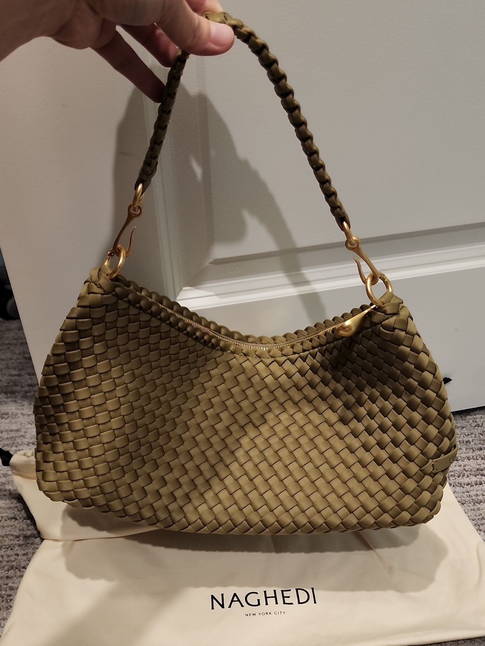 Naghedi Olive Braided Shoulder Bag with Gold Hardware